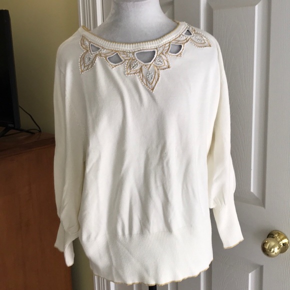 Bob Mackie Sweaters - Bob Mackie Wearable Art Ivory Pearl Deco Sweater